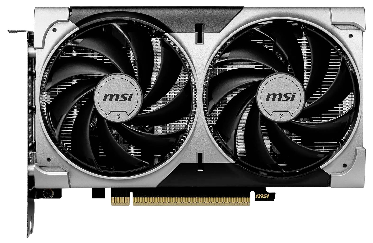 MSI Grafikkarte mit zwei Lüftern auf weißem Hintergrund, zeigt die Vorderseite mit zwei großen Kühlventilatoren und PCIe-Anschluss.