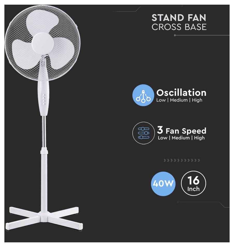 Produktbild eines weißen 40-Zentimeter-Standventilators mit Kreuzfuß, mit Oszillation, 3 Ventilatorgeschwindigkeiten und 40-W-Leistung.