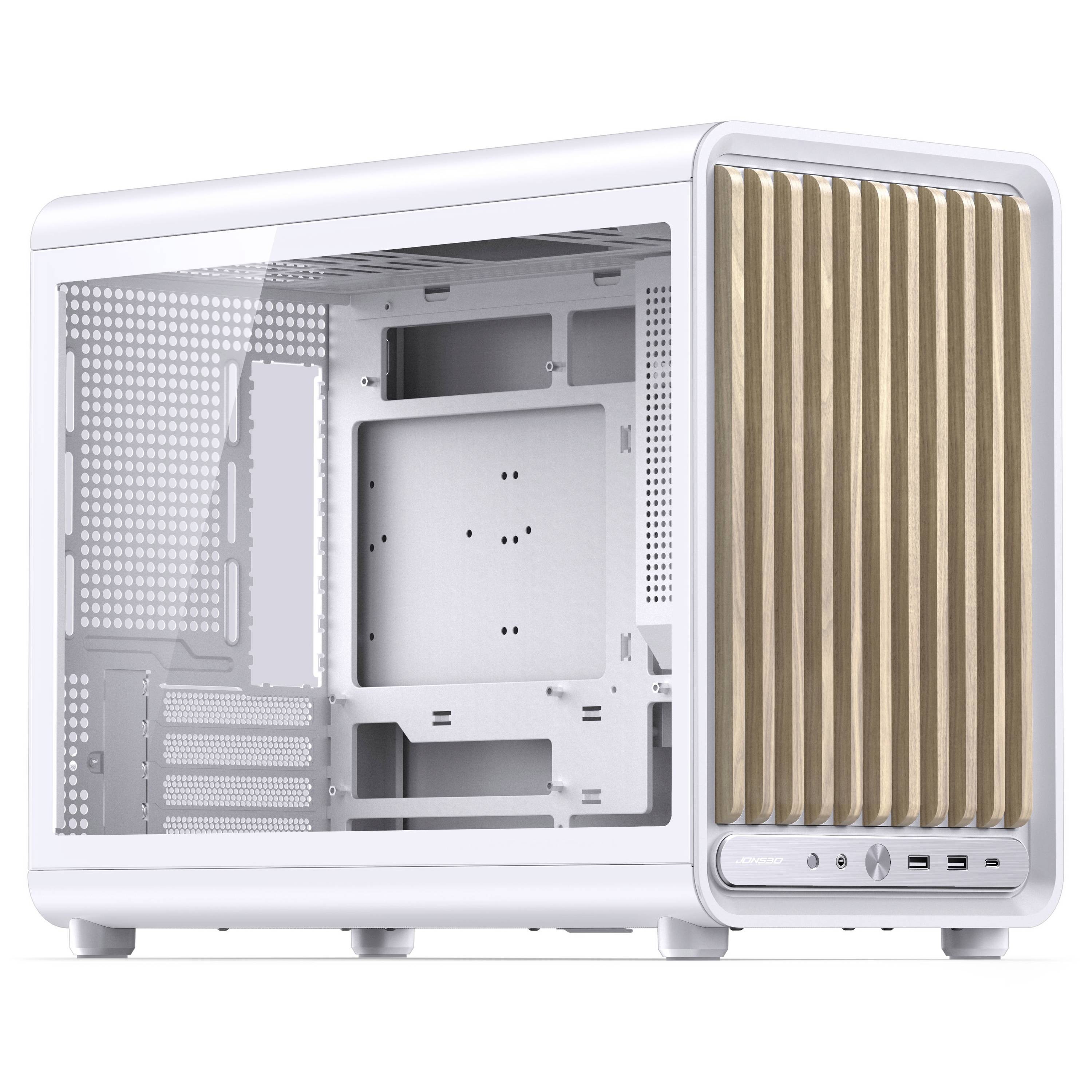 Weißes Computer-Gehäuse mit entferntem Glasseitenpanel, das leeres Inneres zeigt, und goldene vordere Lamellenpanel mit Stromversorgungs- und USB-Anschlüssen.