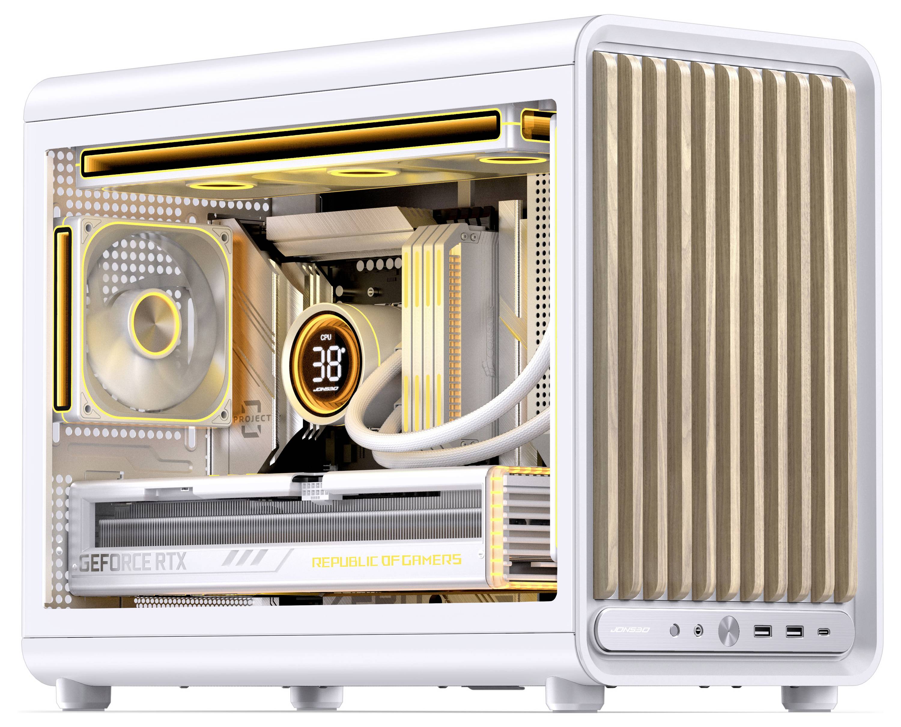 Weißer Gaming-Desktop-PC mit transparentem Seitenpanel und leuchtenden RGB-Kühlungslüftern, der interne Komponenten und „GeForce RTX"-Branding zeigt.
