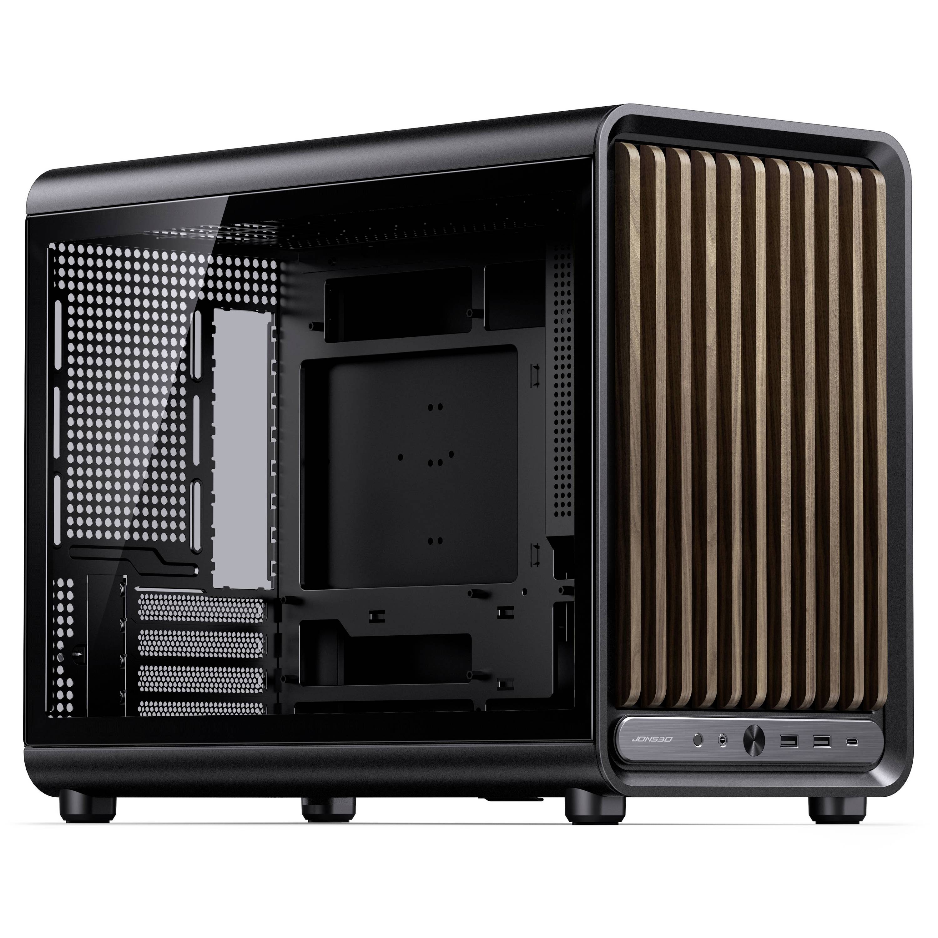 Offenes Desktop-Computer-Gehäuse mit einer Holzlattenfrontblende und leerem Inneren, shown in side view.