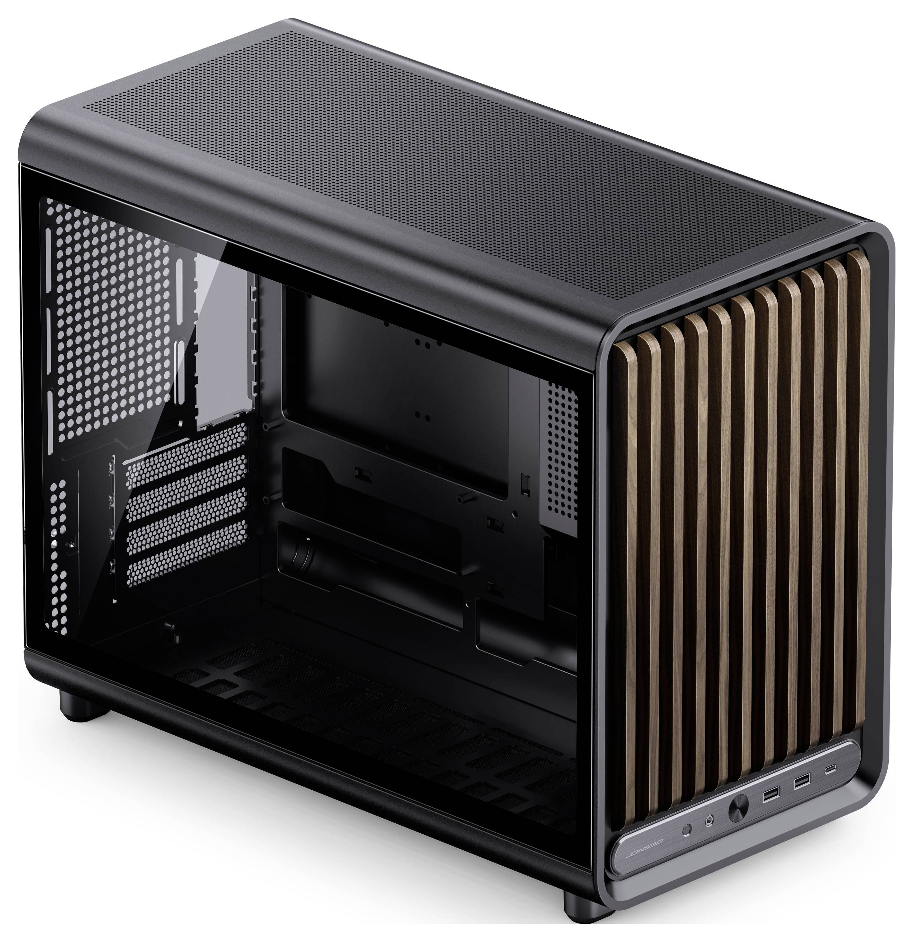 Leeres Desktop-PC-Gehäuse mit einer Glasseite, schwarzem Gehäuse, Mesh-Oberseite und Holzakzent-Frontleisten mit vorderen I/O-Anschlüssen.