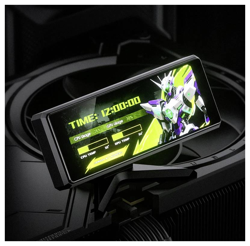 Smartphone-Display mit einer Science-Fiction-Roboter-Schnittstelle, auf dem „ZEIT: 12:00:00" und Statusleisten für CPU/GPU-Auslastung und Temperatur angezeigt werden.