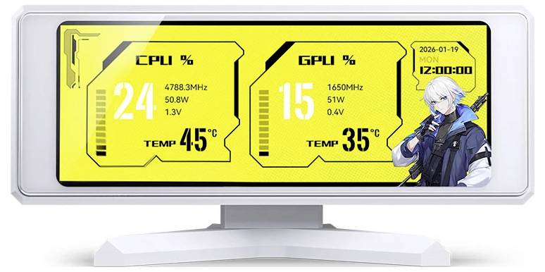 Ein Desktop-Monitor zeigt ein gelbes System-Dashboard mit CPU 24% und 45°C, GPU 15% und 35°C, Datum 2026-01-19, Uhrzeit 12:00:00 und einen Anime-Charakter, der rechts ein Gewehr hält.