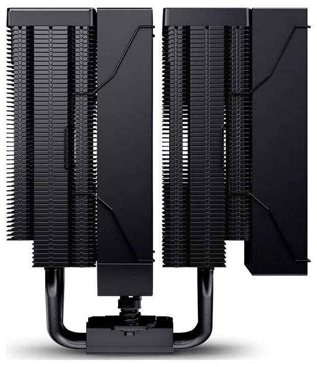 Schwarzer Dual-Tower-Computer-CPU-Kühler mit zwei Lüftern und Wärmerohr, dargestellt auf weißem Hintergrund.