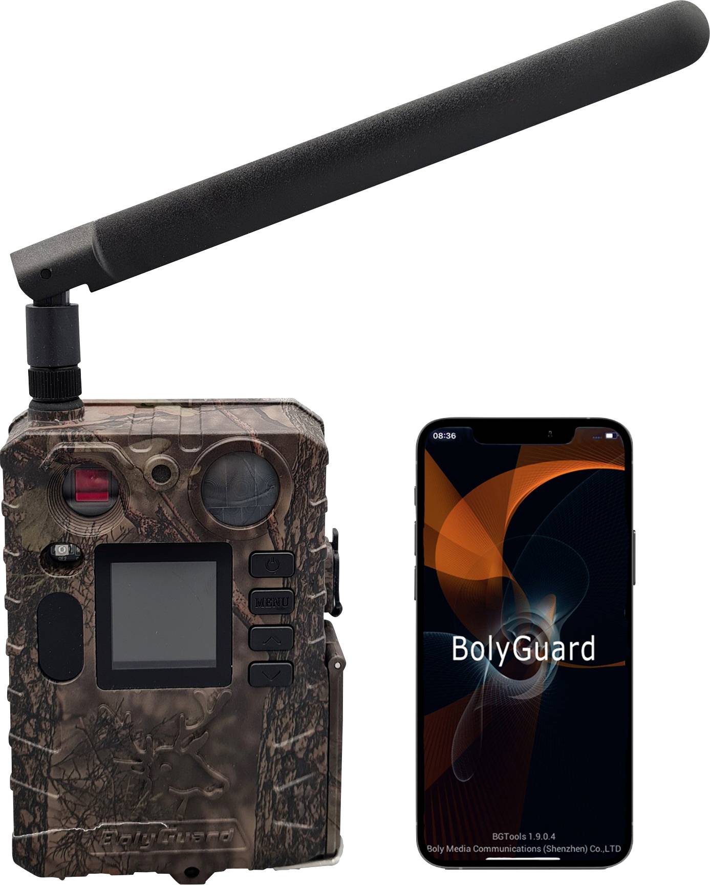 Wildtierkamera mit Tarnung und großer Antenne neben einem Smartphone, das die BolyGuard-App anzeigt, was auf die Fernüberwachung der Kamera hindeutet.