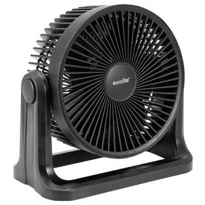 Schwarzer Eurolite-Tischventilator mit rundem Gitter und verstellbarem Neigungswinkel auf einem U-förmigen Ständer, dargestellt auf weißem Hintergrund.