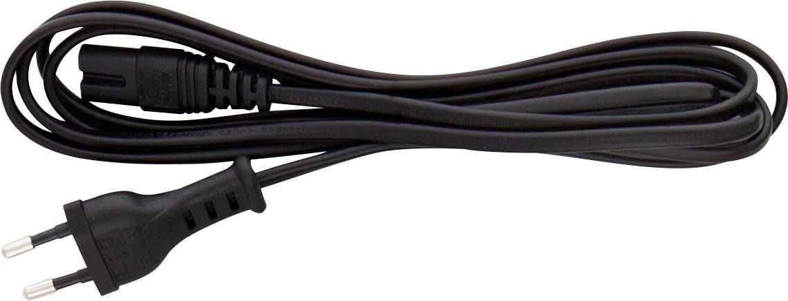 Schwarzes zweipoliges Stromkabel mit europäischem Stecker, aufgerollt auf weißem Hintergrund.