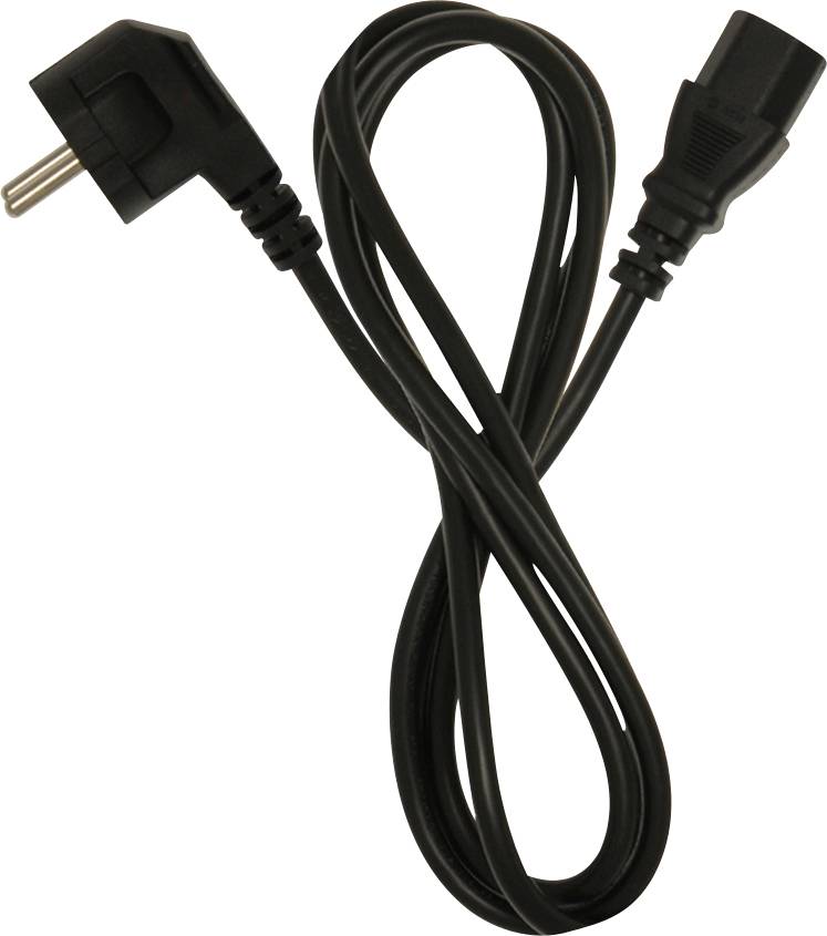 Schwarzes Stromkabel mit einem rechtwinkliger zweipoliger Stecker an einem Ende und einem Standard-Gerätestecker am anderen Ende.