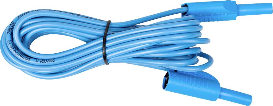 Aufgerolltes blaues Kabel mit passenden blauen Steckern an beiden Enden, zusammengebunden mit einem schwarzen Kabelbinder.
