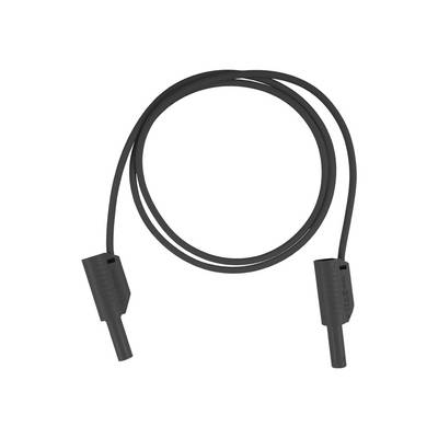 Schwarzes Kabel mit geformten Steckverbindern, in einer Schleife aufgerollt auf weißem Hintergrund.