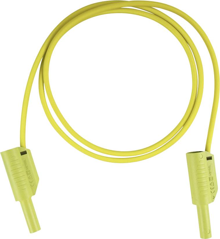 Gelbes elektrisches Prüfkabel mit zwei isolierten Steckern auf weißem Hintergrund.