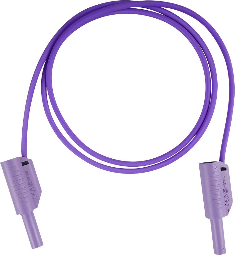 Violettes Stromkabel mit zwei passenden Anschlüssen auf weißem Hintergrund.