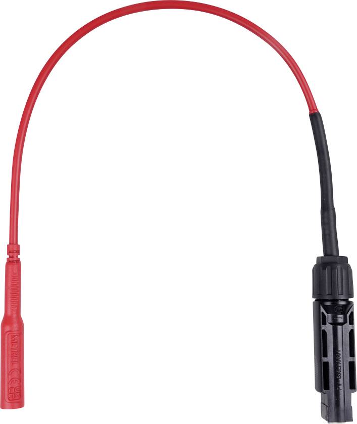 Rotes Elektro-Messleitungsset mit einer roten Messspitze an einem Ende und einem schwarzen Stecker am anderen Ende, isoliert auf weißem Hintergrund dargestellt.