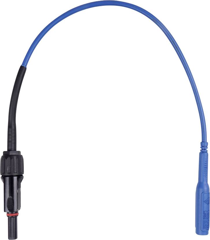 Blauer und schwarzer elektrischer Steckerverbinder mit einem gebogenen blauen Kabel und schwarzem Stecker auf weißem Hintergrund.