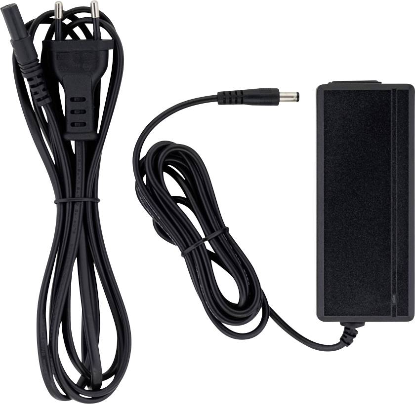 Schwarzer Stromadapter mit angeschlossenem Kabel und Barrel-Stecker auf weißem Hintergrund dargestellt.