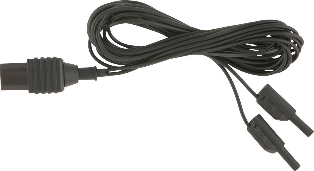 Schwarzes Stromkabel mit langem gewundenem Kabel und zwei runden Steckeranschlüssen auf weißem Hintergrund.