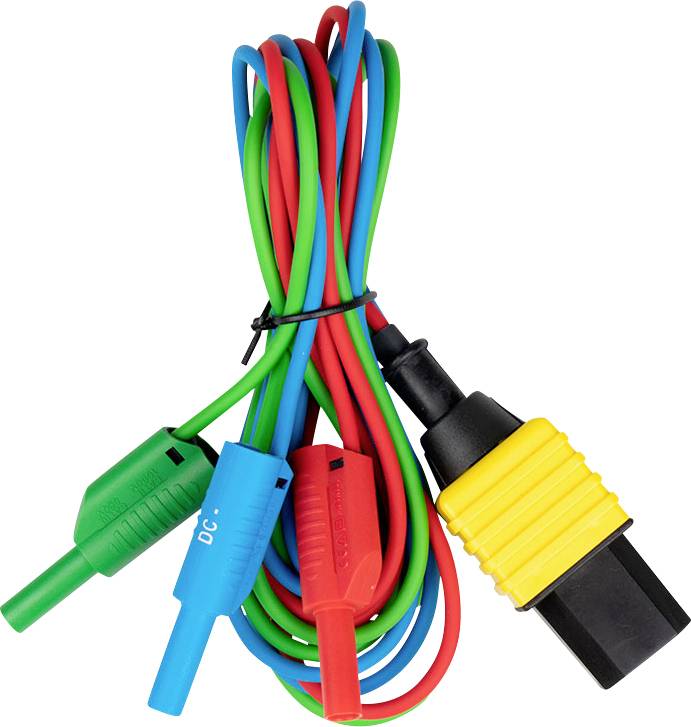 Farbcodierte elektrische Testleitungen zusammengefasst, mit grünen, blauen, roten und schwarzen Steckern auf weißem Hintergrund.
