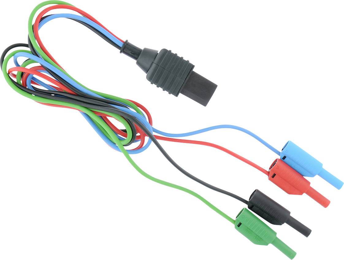 Farbcodierte elektrische Messleitungen mit Krokodilklemmen und einem schwarzen Steckverbinder auf weißem Hintergrund.