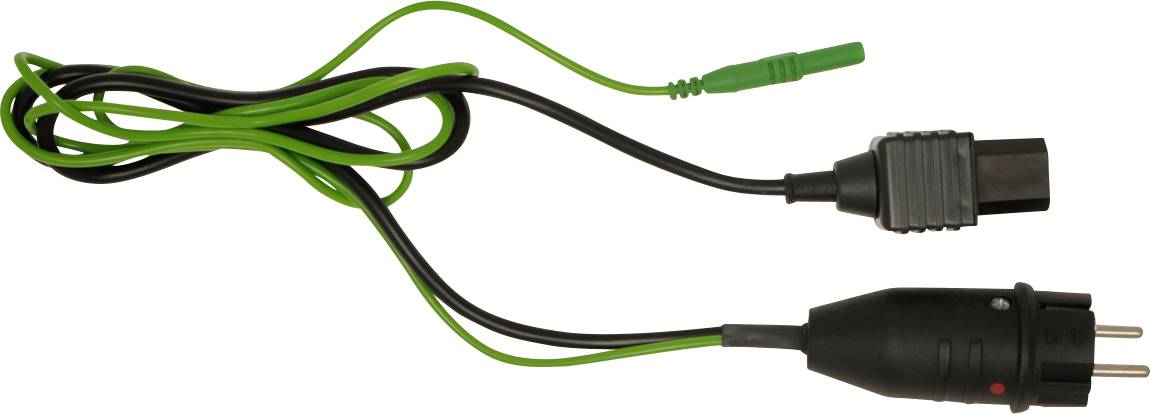 Ein Y-förmiger Kabeladapter mit schwarzen und grünen Drähten, der in einen USB-Stecker, einen rechteckigen Stecker und einen zweipoligen Stromstecker endet.
