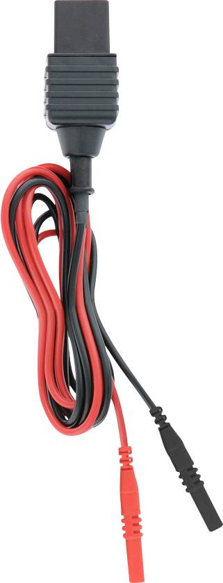 Rote und schwarze elektrische Prüfleitungen mit isolierten Steckern, dargestellt hängend vor weißem Hintergrund.