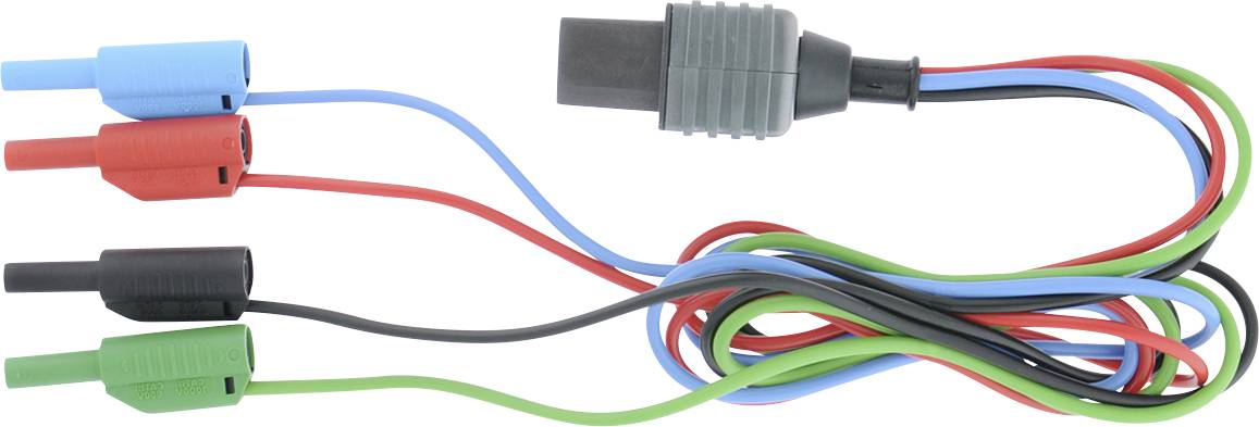 Vier farbcodierte Stecker mit entsprechenden Kabeln – blau, rot, schwarz und grün – die zu einem einzelnen gebündelten Kabel und Steckeradapter führen.