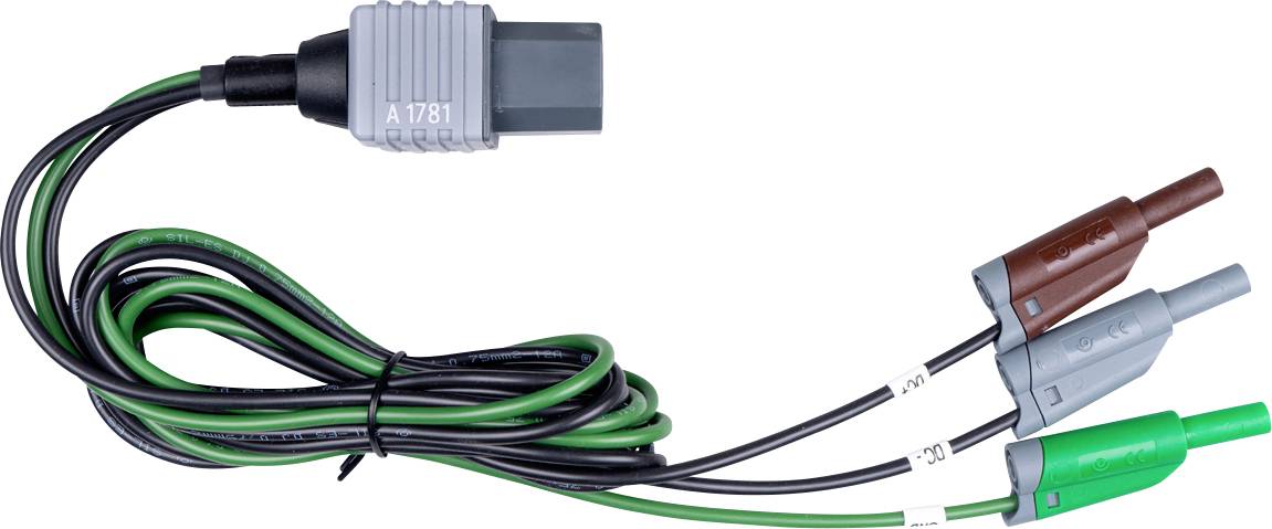 Verkabelter Elektrosteckverbinder mit drei farbcodierten Prüfspitzen und einem grauen Stecker, verwendet zum Testen oder für Signalverbindungen.