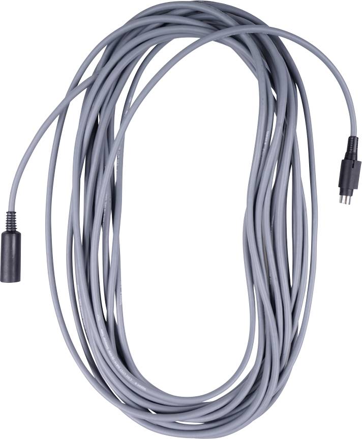 Aufgerolltes graues Kabel mit Steckverbindern an beiden Enden, gezeigt auf weißem Hintergrund.