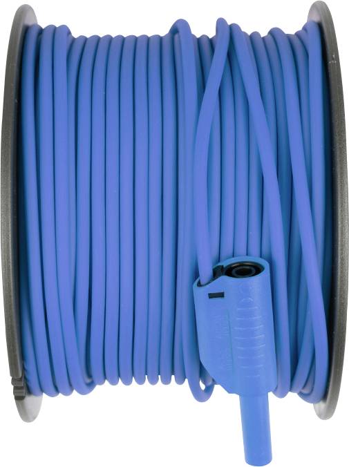 Blaues Elektronetzkabel auf einer Spule mit schwarzen Seitenflanchen aufgewickelt, vor weißem Hintergrund gezeigt.