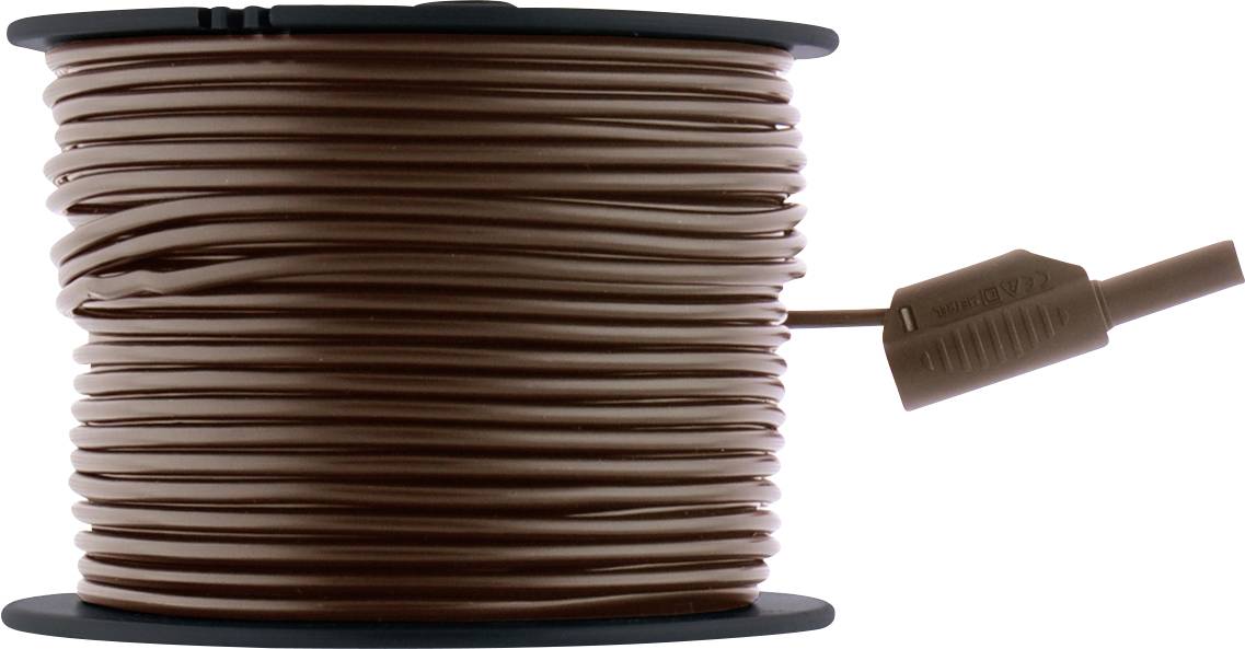 Spule mit braunem Elektrokabel und Steckerverbinder, aufgewickelt auf einer Spule vor weißem Hintergrund dargestellt.