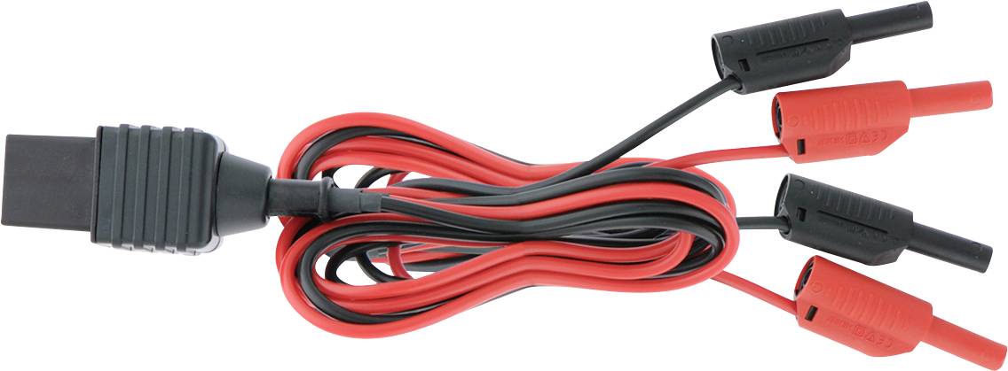 Rot-schwarzes Prüfleiterkabel mit einem rechteckigen Stecker an einem Ende und vier bananenstecker-ähnlichen Steckern am anderen Ende.