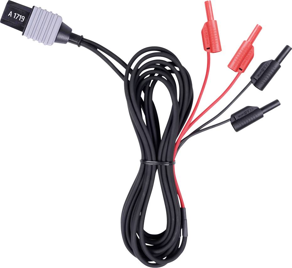 Schwarzes Kabel mit A1719-Stecker und vier Bananensteckern, zwei rote und zwei schwarze, aufgerollt auf weißem Hintergrund.