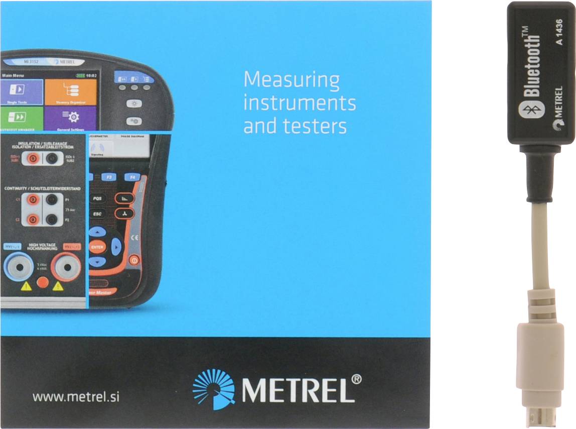 Metrel Messinstrumente und Prüfgeräte mit einem Bluetooth-Testzubehör und dem Text "Messinstrumente und Prüfgeräte".