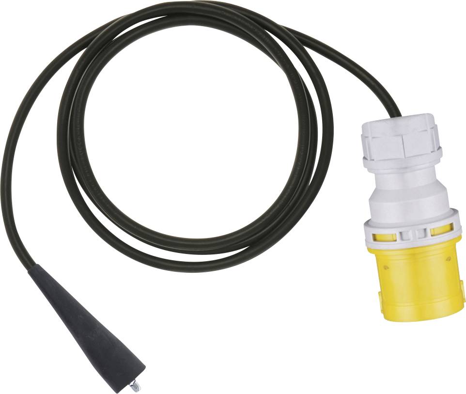 Schwarzes Kabel mit einer kegelförmigen Sonde und gelbgrauem Steckerstecker auf weißem Hintergrund.