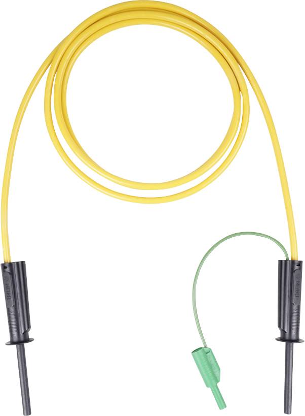 Gelbes Starthilfekabel mit schwarzen Krokodilklemmen und einem kleineren grünen Messleitungsstecker auf weißem Hintergrund