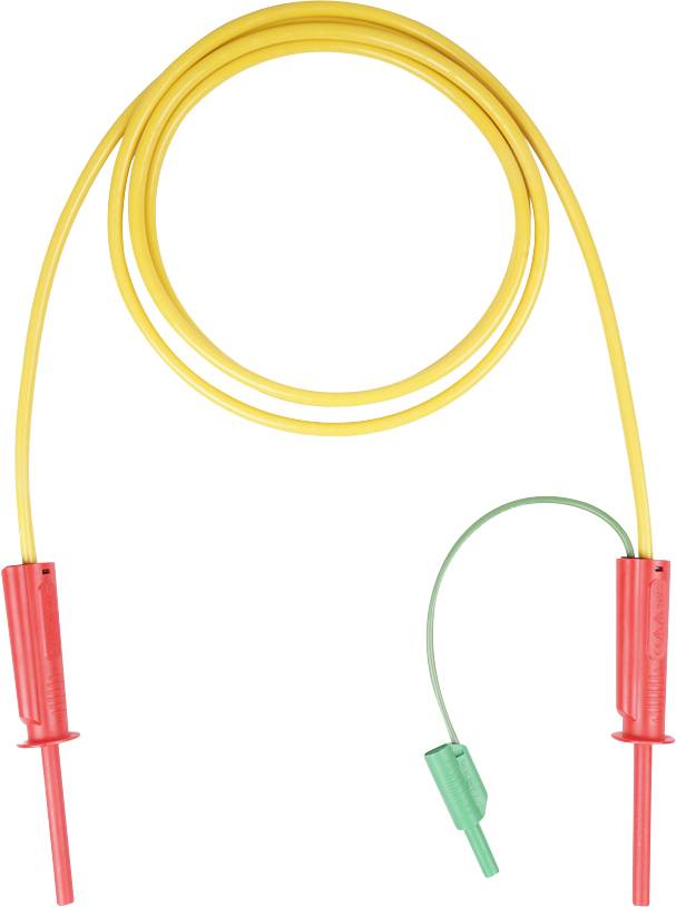 Gelbes isoliertes Kabel mit roten Krokodilklemmen an beiden Enden und einem grünen Anschluss an einer kurzen Abzweigungsleitung, isoliert auf weißem Hintergrund.
