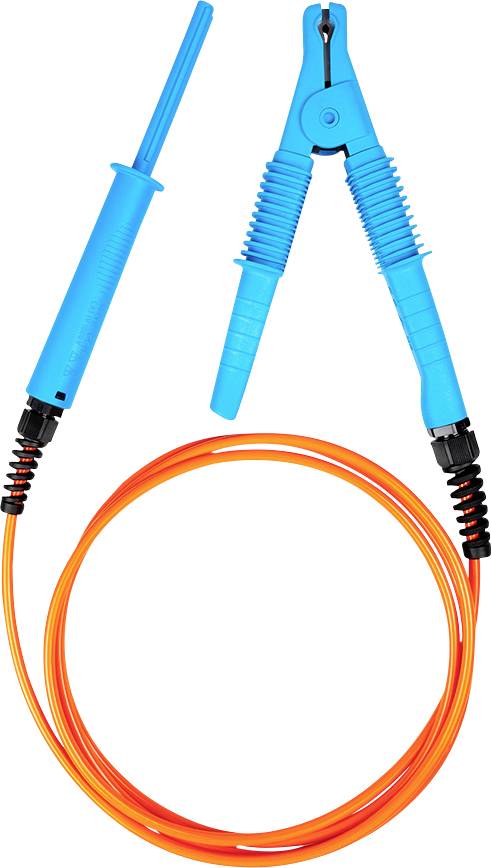Oranges Glasfaserkabel mit zwei blauen Steckverbindern, einer geraden Sonde und einer federbelasteten Klammer auf weißem Hintergrund.