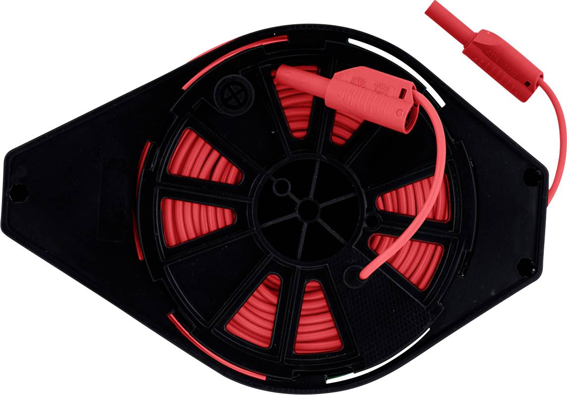 Schwarze Spule mit rotem Kabel, rotem Clip und Stecker auf weißem Hintergrund.