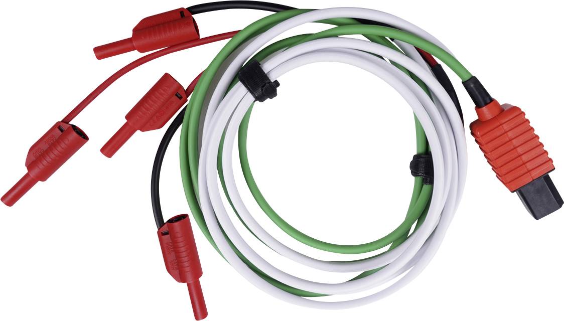 Aufgerollte rote, schwarze, grüne und weiße elektrische Messleitungen mit isolierten Krokodilklemmen auf weißem Hintergrund.