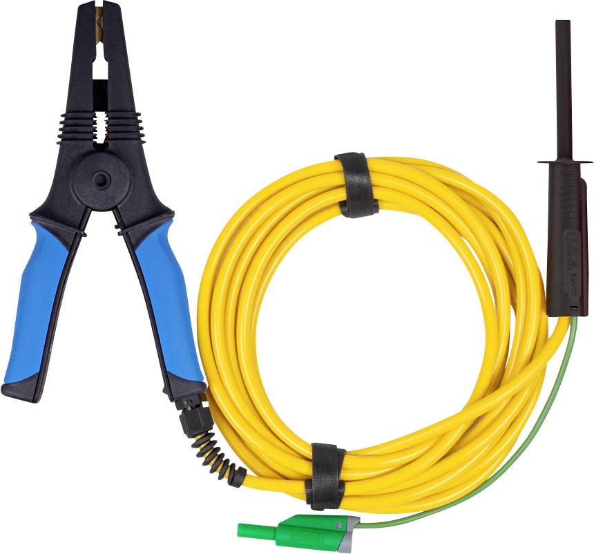 Werkzeug zum Abisolieren von Lichtwellenleiterkabeln mit blauem Griff an der Zange, aufgerolltem gelbem Kabel und einem grünen Stecker auf weißem Hintergrund.