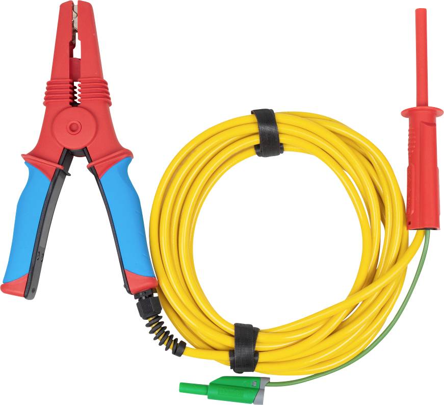Isoliertes Testleitungsset mit rotem Alligatorclip, gelbem Spiralkabel und grün geerdetem Prüfstift auf weißem Hintergrund.