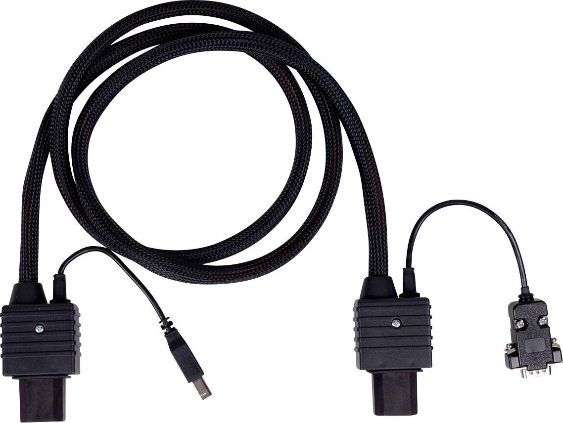 Schwarzes geflochtenes Kabel mit zwei Steckverbindern und USB-Stecker, isoliert auf weißem Hintergrund dargestellt.