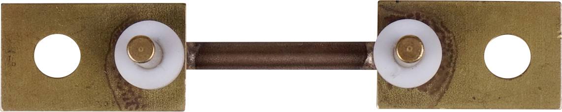 Zwei Metallplatten, die durch einen zylindrischen Stab verbunden sind, wobei jede Platte einen weißen Isolator mit einer Messingpassung hält.