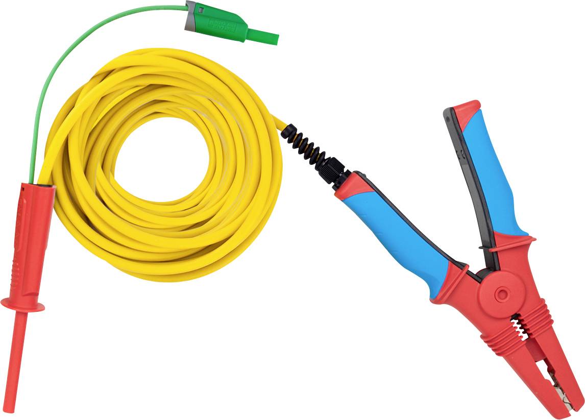 Gelbes aufgerolltes Kabel mit roten und grünen Krokodilklemmen und einer schwarzen Handgriffklemme, gezeigt vor weißem Hintergrund.