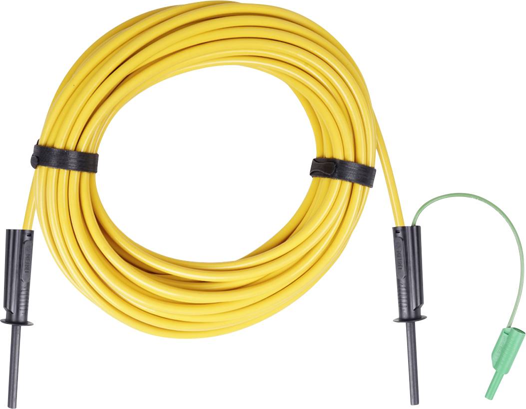 Aufgerolltes gelbes Kabel mit schwarzen Steckern und einem grünen Stecker, gezeigt auf weißem Hintergrund.