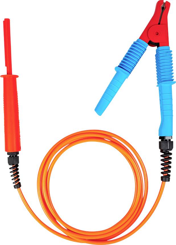 Orange aufgerolltes Prüfkabel mit rot und blau isolierten Krokodilklemmen an jedem Ende, gezeigt auf weißem Hintergrund.
