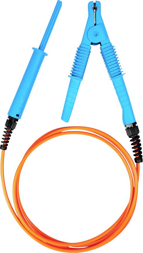 Blaue Glasfaser-Reinigungswerkzeuge und eine orangefarbene Glasfaserkabelschleife auf weißem Hintergrund.