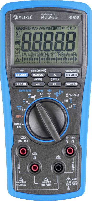Digitales Multimeter mit LCD-Display, das Messmodi anzeigt, und einem zentralen Drehwählschalter von vorne.