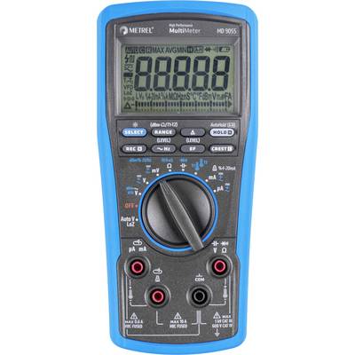 Digitales Multimeter mit LCD-Display, das Messmodi anzeigt, und einem zentralen Drehwählschalter von vorne.