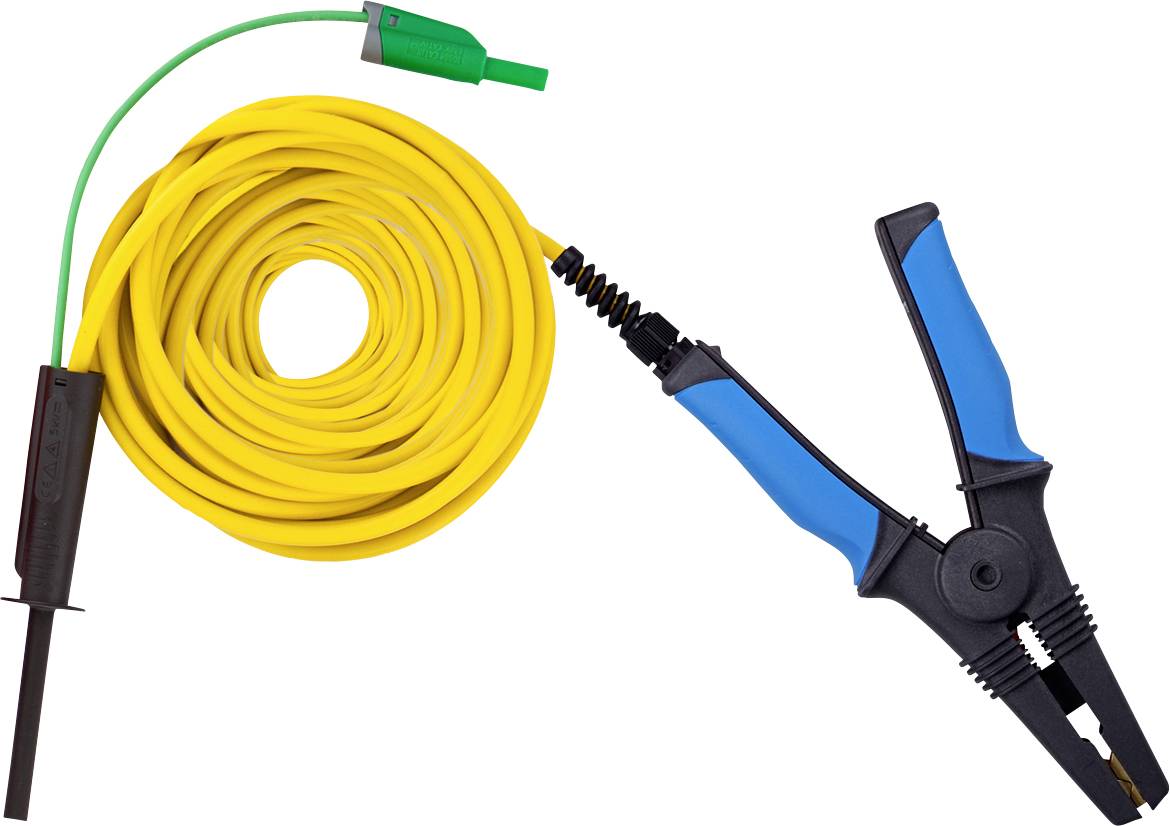 Gelbes spiralförmiges Kabel mit Krokodilklemme und grünem Stecker, wahrscheinlich ein Messleitungs- oder Jumper-Kabel.
